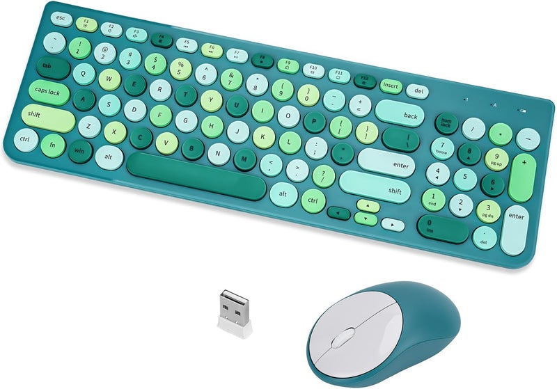 GUKJOB Wireless Keyboard and Mouse Combo, Retro Typewriter Keyboard with Round Keycaps, 2.4GHz USB Cute Wireless Keyboard Mouse for Computer, Desktop (Green) - Image 1